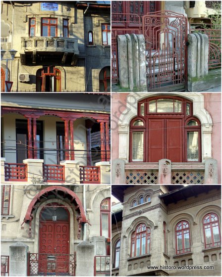 Examples of Neo-Romanian style building sections painted in Pompeian red