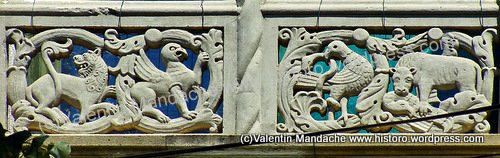 Neo-Romanian style architectural panel: Manichean battle symbolism